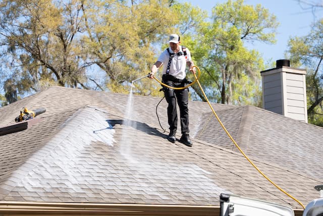 Roof Maxx technician applying rejuvenation treatment to an asphalt shingle roof